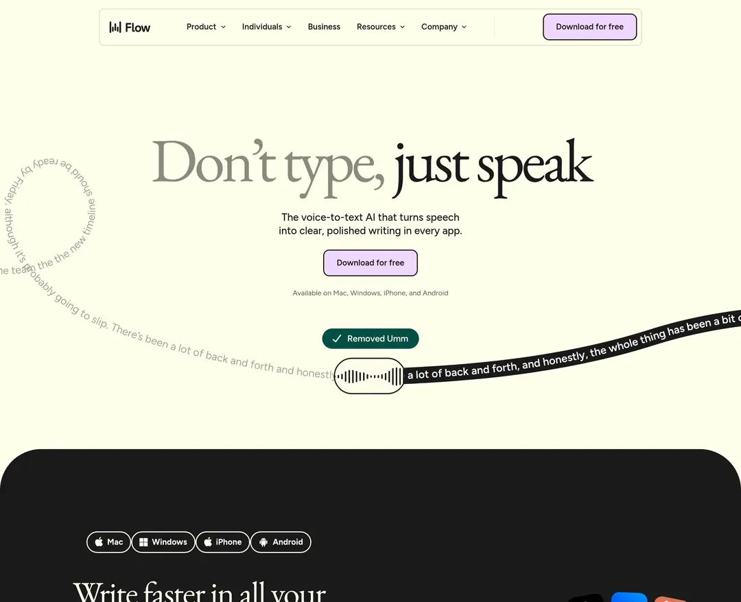 Wispr Flow — IT/스타트업 플랫폼 웹사이트 디자인 레퍼런스