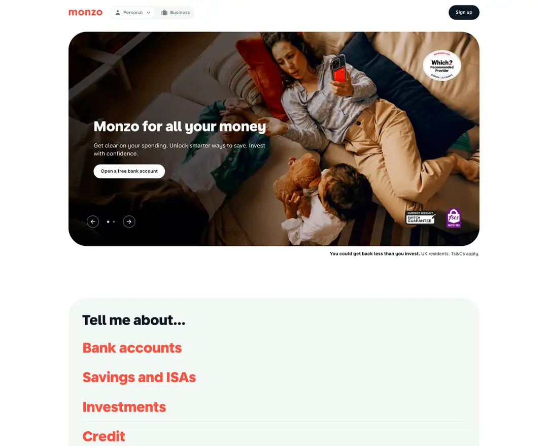 Monzo — 금융/부동산 플랫폼 웹사이트 디자인 레퍼런스