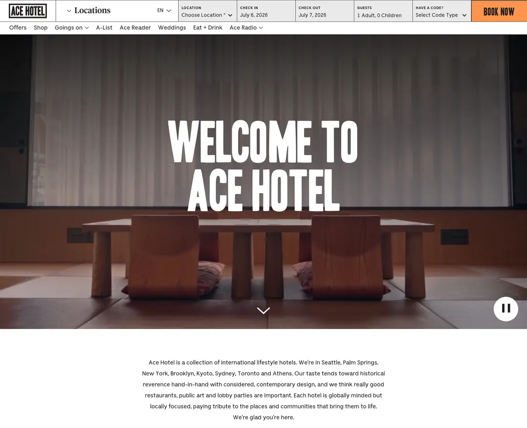 Ace Hotel — 여행/호텔 소개 웹사이트 디자인 레퍼런스