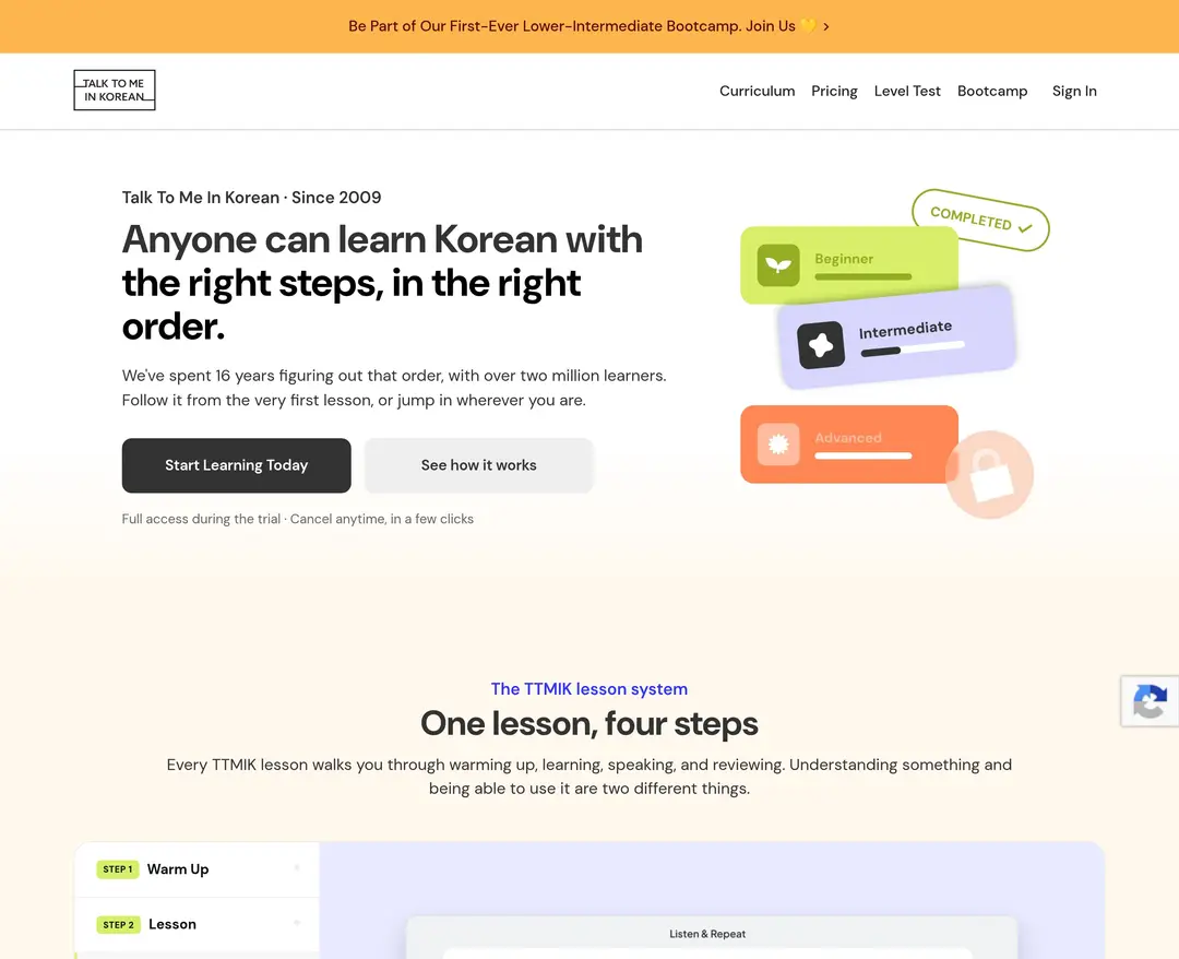 Talk To Me In Korean — 교육 플랫폼 웹사이트 디자인 레퍼런스