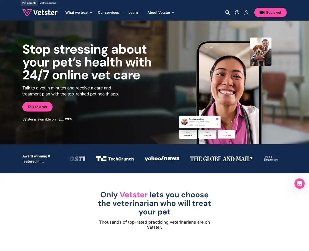 Vetster — 반려동물 플랫폼 웹사이트 디자인 레퍼런스