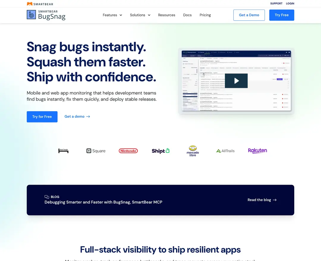 BugSnag — IT/스타트업 플랫폼 웹사이트 디자인 레퍼런스