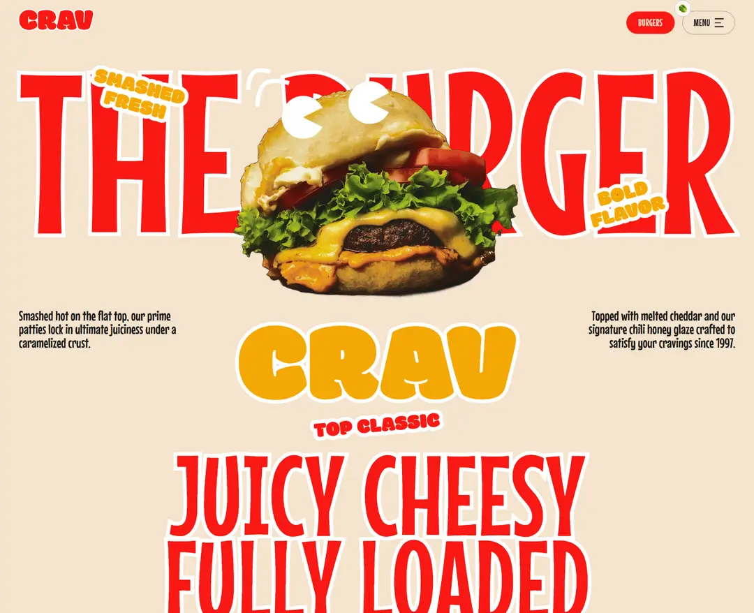 CRAV Burgers — 카페/음식 소개 웹사이트 디자인 레퍼런스