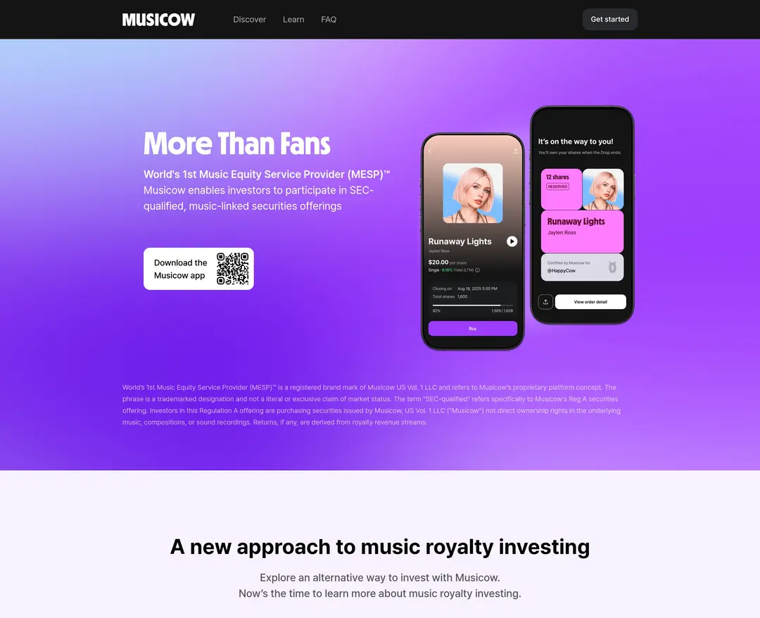 Musicow — 금융/부동산 플랫폼 웹사이트 디자인 레퍼런스