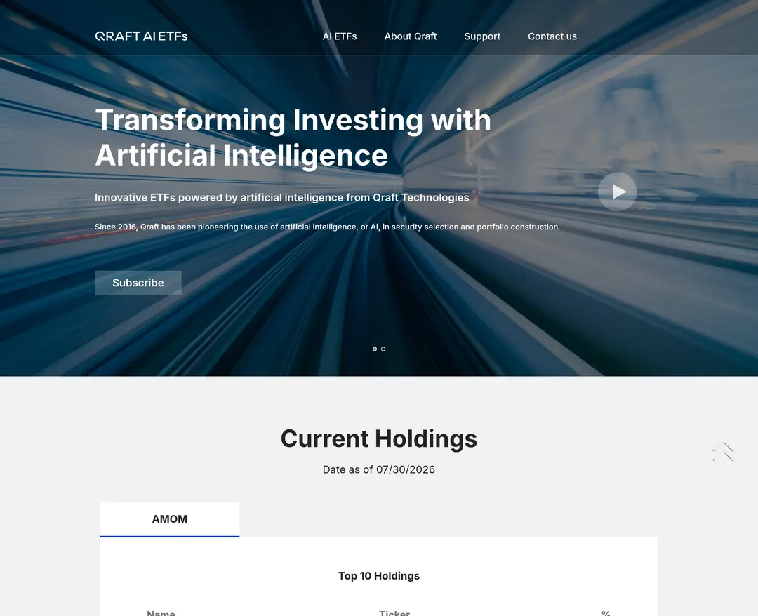 Qraft AI ETFs — 금융/부동산 소개 웹사이트 디자인 레퍼런스