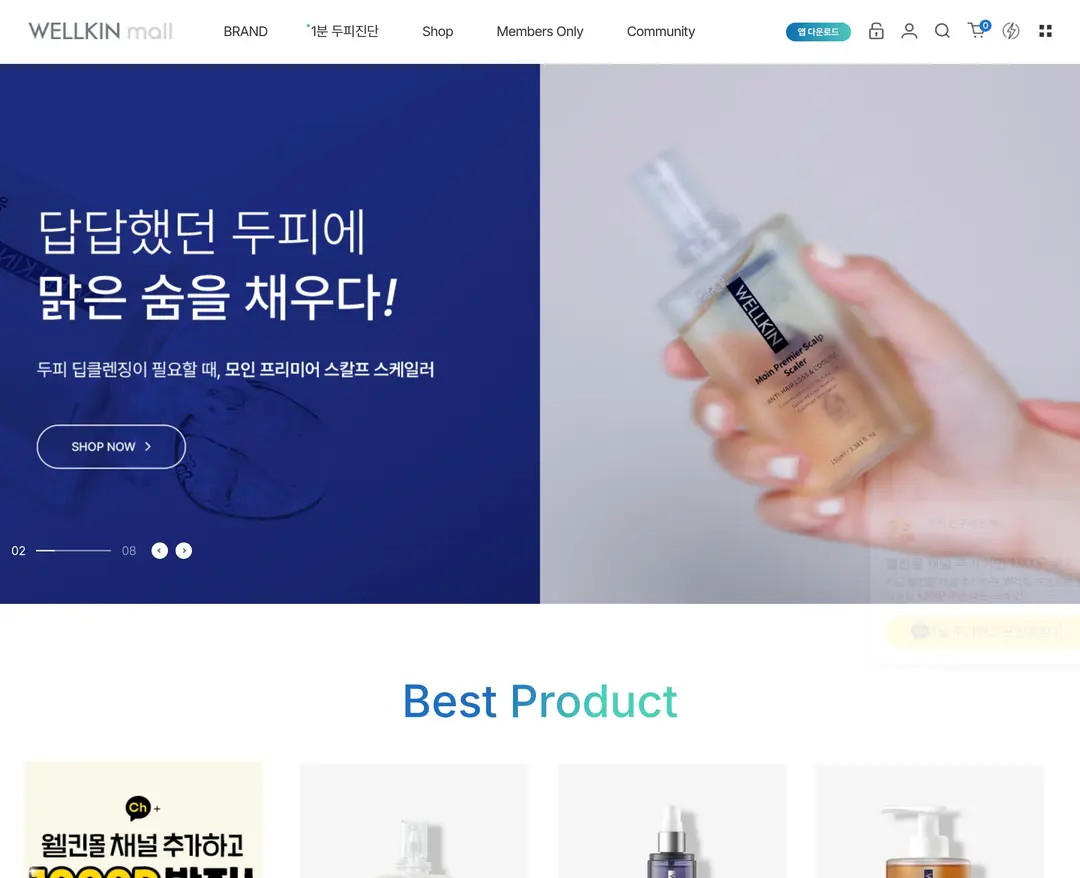 나만의 두피홈센터, 웰킨MALL — 병원/의료 쇼핑몰 웹사이트 디자인 레퍼런스