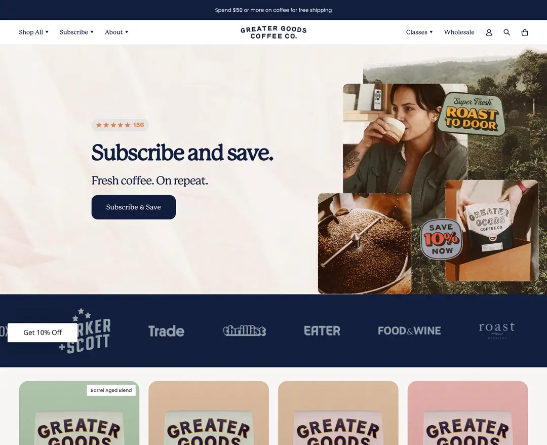 Greater Goods Roasting — 카페/음식 쇼핑몰 웹사이트 디자인 레퍼런스