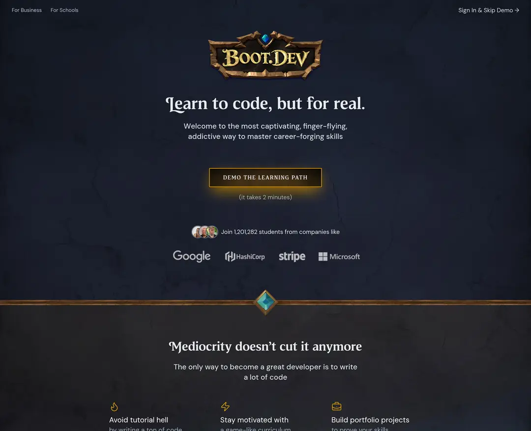 Boot.dev — 교육 플랫폼 웹사이트 디자인 레퍼런스